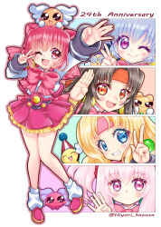  5girls absurdres akihabara_dennou_gumi biriken_(akihabara_dennou_gumi) black_hair blonde_hair blue_eyes bow creature densuke_(akihabara_dennou_gumi) earrings francesca_(akihabara_dennou_gumi) hair_bow hanakoganei_hibari headband higashijuujou_tsugumi highres jewelry kazusa_hiyori long_hair looking_at_viewer low-tied_sidelocks multiple_girls ootorii_tsubame open_mouth orange_headband otorii_tsubame patapi_(creature) petit_ange pink_bow pink_headband purple_hair red_eyes red_hair sakurajosui_suzume school_uniform sengakuji_kamome short_hair sidelocks smile sphere_earrings tetsurou_(akihabara_dennou_gumi) twintails violet_eyes 