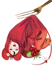  1girl animal_ears black_streaks blue_eyes food fork fruit hakos_baelz hakos_baelz_(strawberry_onesie) highres hololive hololive_english hood hooded_pajamas loricart01 mini_person minigirl mouse_ears mouse_girl mouse_tail official_alternate_costume onesie open_mouth pajamas red_pajamas sharp_teeth simple_background sleeves_past_wrists solo strawberry tail teeth white_background white_streaks 