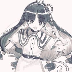  1girl belt blunt_bangs earrings highres holding holding_scepter hoop_earrings jewelry long_hair looking_at_viewer mark_under_both_eyes michigami_nareko monochrome open_mouth parted_bangs scepter shirt short_sleeves shorts smile solo tiara touhou upper_body wadante 
