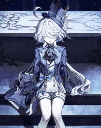  1girl absurdres ascot black_gloves blue_ascot blue_brooch blue_eyes blue_gemstone blue_hair blue_hat blue_jacket closed_mouth commentary_request cowlick eyelash_ornament furina_(genshin_impact) gem genshin_impact gloves hat heterochromia highres jacket koumimi long_hair ouji_fashion short_shorts shorts sitting solo top_hat vest wavy_hair white_hair white_shorts white_vest 