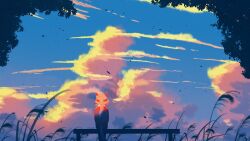  1girl absurdres bench clouds ear_covers evening from_behind hairband haru_urara_(umamusume) highres horse_girl on_bench park_bench pink_hair ponytail reeds sidelocks silhouette sitting sky solo track_suit tree umamusume yin_midnight 