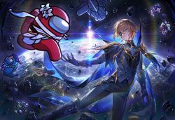  2boys 4girls absurdres among_us arm_at_side bead_necklace beads beret black_boots black_cape black_corset black_gloves black_mask black_pants black_shirt blonde_hair blue_eyes boots cape collared_cape commentary_request corset crewmate_(among_us) crossover dainsleif_(genshin_impact) debris dress flower fur_trim genshin_impact ghost_(among_us) gloves green_(among_us) green_hat green_shorts grey_vest hair_between_eyes half_mask hat highres holding holding_sword holding_weapon impostor_(among_us) jewelry knee_boots long_sleeves looking_at_another lumine_(genshin_impact) male_focus mask multiple_boys multiple_girls mystical_high_collar necklace obi obiage obijime outdoors outstretched_arm pants parted_lips planet purple_(among_us) purple_flower qiqi_(genshin_impact) raiden_shogun reaching reaching_towards_another red_(among_us) red_sash sash scarf shirt short_hair shorts signora_(genshin_impact) space stab star-shaped_pupils star_(sky) star_(symbol) sword symbol-shaped_pupils tsugutoku two-sided_cape two-sided_fabric venti_(genshin_impact) vest weapon white_dress white_flower white_scarf yellow_(among_us) 