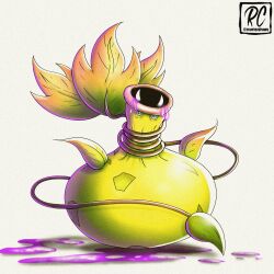  acid colored_skin fangs full_body highres leaf mega_pokemon mega_victreebel no_humans open_mouth pink_lips plant plant_monster poison pokemon pokemon_(creature) pokemon_focus pokemon_legends:_z-a rcortezdraws simple_background victreebel vines yellow_skin 