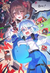  2girls @_@ alternate_costume among_us belt black_belt black_gloves blue_eyes blue_pants bright_pupils cosplay crewmate_(among_us) flower-shaped_pupils furina_(genshin_impact) furina_(genshin_impact)_(cosplay) genshin_impact gloves hair_between_eyes highres hu_tao_(genshin_impact) hu_tao_(genshin_impact)_(cosplay) impostor_(among_us) long_hair long_sleeves miho_(mymiho) multiple_girls open_mouth pants promotional_art red_eyes shirt speech_bubble symbol-shaped_pupils tearing_up white_shirt 