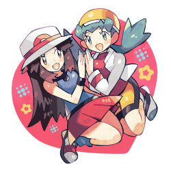  2girls anidler91 bike_shorts blue_eyes blue_hair blue_shirt blush breasts brown_eyes brown_hair bucket_hat hat heart jacket kris_(pokemon) leaf_(pokemon) long_hair long_sleeves looking_at_viewer loose_socks multiple_girls open_clothes open_jacket open_mouth pokemon pokemon_frlg pokemon_gsc porkpie_hat red_shirt red_skirt shirt shorts skirt sleeveless sleeveless_shirt smile socks star_(symbol) twintails white_hat white_jacket wristband yellow_hat yellow_shorts 