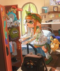  1girl :o bed bedroom bow bow_hairband bowtie commentary crossover dress full_body green_bow green_bowtie green_eyes green_hairband green_shoes green_sleeves hair_bow hair_ornament hairband heart heart_hair_ornament highres indoors inkling inkling_girl inkling_player_character leg_warmers lightning_bolt_hair_ornament lightning_bolt_symbol locker long_hair long_sleeves miko_(15476997) open_mouth orange_hair orange_socks pachirisu pawmi plusle pointy_ears pokemon pokemon_(creature) salmonid sample_watermark see-through_clothes see-through_sleeves shoes smallfry_(splatoon) socks splatoon_(series) splattershot_(splatoon) standing standing_on_one_leg star_(symbol) star_hair_ornament symbol-only_commentary tandemaus tentacle_hair watermark white_dress white_leg_warmers 