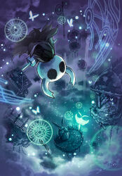  1girl 1other arthropod_girl bug butterfly commentary dreaming grey_cloak highres hollow_eyes hollow_knight horned_mask knight_(hollow_knight) mamoru_mikokoro mask moth moth_girl nail_(hollow_knight) seer_(hollow_knight) signature upside-down white_mask 