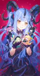  absurdres animal_ears arknights bang_dream! bang_dream!_it&#039;s_mygo!!!!! black_dress black_gloves black_hair black_ribbon blonde_hair blue_hair cat_ears chibi chibi_on_shoulder commentary curled_horns dog_ears dress gloves green_hair hair_ornament hair_ribbon hand_up highres horns in_palm lyuqiu misumi_uika misumi_uika_(caged_singer) purple_hair rabbit_ears ribbon single_glove togawa_sakiko togawa_sakiko_(master_of_melodia) two_side_up wakaba_mutsumi wakaba_mutsumi_(marionette&#039;s_id) wolf_ears yahata_umiri yahata_umiri_(moonlight_executioner) yellow_eyes yuutenji_nyamu yuutenji_nyamu_(magician_of_passion) 