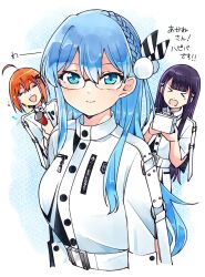  &gt;_&lt; 22/7 3girls :d ^_^ ahoge belt blue_eyes blue_hair boku_wa_konya_deteiku bow box braid closed_eyes closed_mouth dress glasses hair_bow hair_ornament hairclip happy_birthday himuro_mizuki holding holding_box ichinose_hotaru light_smile long_hair looking_at_viewer maruyama_akane mole mole_under_eye multicolored_hair multiple_girls open_mouth orange_hair party_popper pink_hair pom_pom_(clothes) pom_pom_hair_ornament purple_hair side_braid smile solo_focus striped_bow three-quarter_sleeves trefle_r two-tone_hair white_belt white_dress 