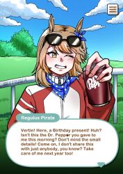  1girl alternate_universe animal_ears blue_bow blue_neckerchief blue_sky bow brown_hair can character_name clouds cloudy_sky dialogue_box dr_pepper drink_can ear_bow english_text eyewear_on_head grass grin hand_up highres holding holding_can horse_ears horse_girl incoming_gift jacket kemonomimi_mode lettuce_(lettusea) looking_at_viewer neckerchief one_eye_closed orange_eyes outdoors polka_dot_neckerchief railing red_jacket regulus_(reverse:1999) reverse:1999 short_hair sky smile soda_can solo sunglasses teeth tracen_training_uniform track_jacket tree twitter_username umamusume upper_body user_interface 