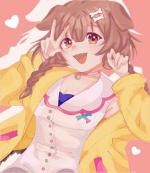  aiokosaio animal_ears bone brown_eyes brown_hair choker dog_ears dress fang hololive inugami_korone inugami_korone_(1st_costume) jacket pink_choker white_dress yellow_jacket 