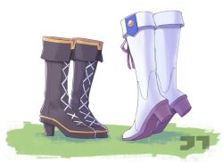  2girls ankle_boots black_boots block_heels boots feet foot_focus footwear_focus footwear_ribbon grass high_heel_boots high_heels implied_kiss invisible jtleeklm lace-up_boots mejiro_mcqueen_(umamusume) multiple_girls object_focus on_grass purple_ribbon ribbon ribbon_shoes signature tiptoes tokai_teio_(umamusume) umamusume white_background white_boots yuri 