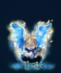  1boy aged_down blonde_hair blue_wings commentary_request devil_fruit_power food harpy_boy holding holding_food marco monster_boy one_piece oooooogu24 short_hair simple_background solo wings 