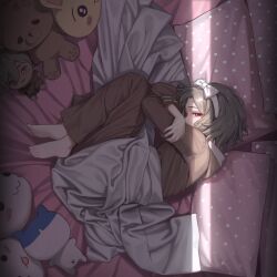  1girl barefoot blanket brown_hoodie brown_pants character_doll commentary doll ebizuka_tomo girls_band_cry grey_hair hairband highres hood hood_down hoodie long_sleeves looking_at_viewer lying naruto_maki_(naruto05) on_bed pajamas pants pillow red_eyes rupa_(girls_band_cry) solo white_hairband 