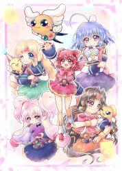  5girls absurdres akihabara_dennou_gumi antenna_hair belt biriken_(akihabara_dennou_gumi) black_hair blonde_hair blue_eyes bow creature densuke_(akihabara_dennou_gumi) earrings francesca_(akihabara_dennou_gumi) hair_bow hanakoganei_hibari headband higashijuujou_tsugumi highres jewelry kazusa_hiyori long_hair looking_at_viewer low-tied_sidelocks multiple_girls ootorii_tsubame open_mouth orange_headband otorii_tsubame patapi_(creature) petit_ange pink_bow pink_headband pleated_skirt purple_hair red_eyes red_hair sakurajosui_suzume school_uniform sengakuji_kamome short_hair sidelocks skirt smile sphere_earrings tetsurou_(akihabara_dennou_gumi) twintails violet_eyes 