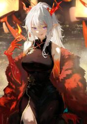  1girl :p arknights bare_arms bare_shoulders beads bracelet breasts china_dress chinese_clothes colored_extremities commentary_request cowboy_shot dragon_girl dragon_horns dress fire grey_hair hand_up highres horns jewelry kissshotmagia lantern large_breasts looking_at_viewer multicolored_hair nian_(arknights) orange_horns orange_streaks pointy_ears print_dress red_hands red_horns side_slit sidelocks sitting sleeveless sleeveless_dress solo streaked_hair tongue tongue_out violet_eyes wide_hips 