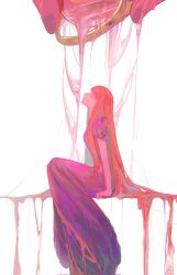  1girl adventure_time chewing_gum closed_eyes colored_skin crown dress head_back highres invisible_chair long_dress long_hair pink_dress pink_hair pink_skin princess_bonnibel_bubblegum short_sleeves sitting solo very_long_hair youliqy 