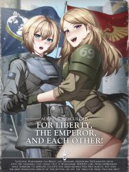  69 armor astra_militarum belt blonde_hair blue_eyes city flag gloves helldivers_(series) hug light_blush long_hair military_uniform miniskirt open_mouth science_fiction seaf_soldier_(helldivers) short_hair skirt teeth thighs utility_belt warhammer_40k zxpfer 