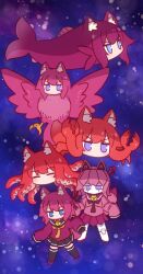  6+girls alternate_color animal animal_ear_fluff animal_ears animalization bell bird black_sailor_collar black_skirt black_thighhighs blue_eyes closed_eyes collar commentary_request crab fish fox_ears fox_girl fox_tail hair_bun hair_ornament hair_stick highres jingle_bell jitome kemomimi-chan_(fish)_(naga_u) kemomimi-chan_(naga_u) long_sleeves miniskirt multiple_girls naga_u neck_bell no_mouth octopus original pleated_skirt purple_collar purple_hair purple_shirt purple_skirt red_hair robot sailor_collar sailor_shirt school_uniform serafuku shirt short_hair skirt sleeves_past_fingers sleeves_past_wrists tail thigh-highs v-shaped_eyebrows violet_eyes 