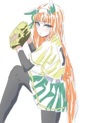  1girl alternate_costume alumina_(kennmeidesu) animal_ears baseball baseball_jersey baseball_mitt black_pantyhose blue_eyes blunt_bangs blush bow closed_mouth ear_bow ear_covers green_skirt hairband highres horse_ears horse_girl horse_tail jersey long_hair long_sleeves looking_at_viewer orange_hair orange_tail pantyhose pitching silence_suzuka_(umamusume) simple_background skirt solo tail umamusume undershirt white_background white_hairband 