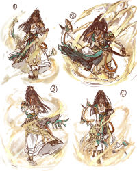  1boy absurdres armor arrow_(projectile) belt black_shirt bow_(weapon) brown_eyes brown_hair commentary concept_art dark-skinned_male dark_skin earrings ezu_(leejiyu) full_body gem gloves gold_armor gold_diadem gold_trim green_belt green_gemstone green_sash highres holding holding_bow_(weapon) holding_weapon jewelry king&#039;s_raid light_frown long_hair magic multiple_views official_art on_one_knee pants ponytail red_gemstone sand sash scimitar shirt shoulder_armor sword tassel tassel_earrings very_long_hair weapon white_gloves white_pants white_shirt zafir_(king&#039;s_raid) 