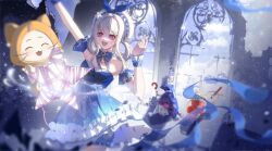  1girl ^_^ ahoge animal arm_up bare_shoulders beads beret bloomers blue_bloomers blue_bow blue_bowtie blue_brooch blue_choker blue_dress blue_sky blue_wrist_cuffs bow bowtie brooch bubble_print bubbly_voyage_(infinity_nikki) buttons cat choker cloak closed_eyes clothed_animal clouds collared_dress day dress ear_covers esseling_(infinity_nikki) eyelashes frilled_choker frilled_dress frilled_wrist_cuffs frills hair_ornament hair_rings hairclip happy hard_sack_(infinity_nikki) hat hat_bow hat_ornament highres hood hood_up hooded_cloak infinity_nikki jewelry light_particles momo_(nikki) nikki_(nikki) nikki_(series) open_mouth outdoors pink_eyes rabbit_hair_ornament ruins sidelocks sky smile star_(symbol) star_choker star_hat_ornament strapless strapless_dress striped_clothes striped_dress tough_octopack_(infinity_nikki) vertical-striped_clothes vertical-striped_dress whimstar_(infinity_nikki) whiskers white_cat white_hat window wrist_cuffs xinjinjumin388925569805 yarn yellow_cloak 