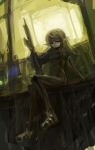  bad_id blonde_hair elf gun highres lm7_(op-center) op-center pointy_ears red_eyes sitting solo weapon 