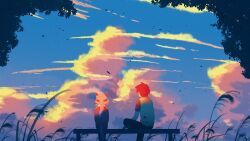  1boy 1girl absurdres bench clouds ear_covers evening from_behind hairband haru_urara_(umamusume) highres horse_girl on_bench park_bench pink_hair ponytail reeds sidelocks silhouette sitting sky solo track_suit trainer_(umamusume) tree umamusume yin_midnight 