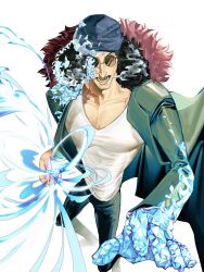  1boy absurdres aokiji_(one_piece) black_hair black_pants blue_hat coat collarbone commentary_request cryokinesis curly_hair devil_fruit_power fur-trimmed_hood fur_trim green_coat hat highres hood hooded_coat ice korean_commentary male_focus material_growth one_piece pants red_fur shirt solo standing tank_top white_background white_shirt y_in_23 