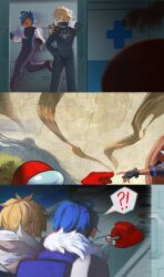  !? 1other 2boys :d ^_^ alternate_costume among_us black_gloves blonde_hair blood blood_on_ground blue_hair cartoon_bone closed_eyes commentary corpse crewmate_(among_us) crossover dark-skinned_male dark_skin doorway english_commentary fine_art_parody genshin_impact gloves highres kaeya_(genshin_impact) looking_at_another multiple_boys outstretched_arm outstretched_arms parody red_(among_us) running smile spacecraft spacesuit srro_yo the_creation_of_adam varka_(genshin_impact) 