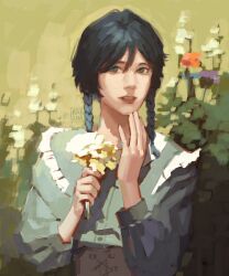  1boy black_hair blue_dress braid bush corset dress ecler_ecler field flower flower_field genshin_impact green_eyes hand_on_own_chin highres holding holding_flower looking_at_viewer male_focus painterly parted_lips smile solo twin_braids upper_body venti_(genshin_impact) 