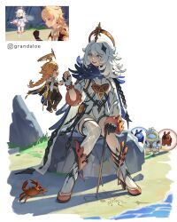  1boy 2girls 2others abyss_mage_(genshin_impact) aether_(genshin_impact) aged_down aged_up ahoge among_us beach black_boots black_gloves black_pants black_shirt blonde_hair blue_(among_us) blue_cape boots braid braided_ponytail bright_pupils cape chain crab crewmate_(among_us) crop_top crossover detached_sleeves english_commentary fingerless_gloves game_screenshot_inset genshin_impact gloves gold_trim grandaloe grey_eyes hair_between_eyes hair_ornament halo hand_up high_heel_boots high_heels highres holding holding_hands holding_stick instagram_logo instagram_username long_hair long_sleeves looking_at_another lumine_(genshin_impact) multiple_girls multiple_others on_rock open_mouth paimon_(genshin_impact) pants red_(among_us) reference_inset rock role_reversal romper sand scarf shirt single_thighhigh sitting smile star_(symbol) star_hair_ornament stick teeth thigh-highs upper_teeth_only water white_boots white_gloves white_hair white_pupils white_romper white_scarf white_thighhighs yellow_eyes 