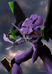 commentary_request eva_01 evangelion_(mecha) feet_out_of_frame glowing glowing_eye holding holding_knife holding_weapon horns knife mecha mecha_focus nakamura_jun'ichi neon_genesis_evangelion no_humans open_mouth prog_knife robot science_fiction signature single_horn solo standing super_robot weapon yellow_eyes 