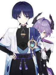  2boys anemo_symbol_(genshin_impact) arm_at_side armor belt black_belt black_bodysuit black_bow black_bridal_gauntlets black_horns black_shorts black_sleeves blue_kimono blue_sleeves blunt_ends bodysuit bow bridal_gauntlets bright_pupils cape closed_mouth collar colored_eyelashes covered_collarbone crossed_bangs curtained_hair diamond-shaped_pupils diamond_(shape) dragon_horns eyeliner eyeshadow facial_mark feathers forehead_mark gem genshin_impact gloves gold gold_ring hair_between_eyes hair_intakes hakama hakama_shorts hand_on_own_hip height_difference hiding hiding_behind_another highres horns japanese_armor japanese_clothes juban kimono kote kurokote layered_sleeves light_blush long_sleeves looking_at_another looking_at_viewer makeup mandarin_collar middle_ring mini_durin_(genshin_impact) mini_durin_(human)_(genshin_impact) multiple_boys okuraa_13 open_clothes open_kimono peeking_out pink_eyes pink_hair pleated_shorts pom_pom_(clothes) purple_cape purple_collar purple_hair purple_horns purple_rope purple_sash purple_wings red_eyeliner red_eyeshadow red_gemstone rope sash scaramouche_(genshin_impact) short_sleeves shorts shoulder_peek single_hair_intake sweatdrop symbol-shaped_pupils tassel two-sided_collar two-sided_horns violet_eyes vision_(genshin_impact) wanderer_(genshin_impact) white_background white_collar white_gloves white_kimono white_pupils white_sleeve_cuffs white_sleeves white_trim wing_ornament wings wispy_bangs yellow_feathers 