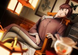  1_hcs 1boy absurdres birdcage black_changpao blue_butterfly blurry blurry_foreground brown_hair bug butterfly cage chair changpao chinese_clothes closed_mouth depth_of_field dutch_angle earrings expressionless feet_out_of_frame fingernails fish fishbowl goldfish grey_eyes grey_pants hand_on_lap head_tilt highres indoors jewelry lantern lips long_sleeves looking_at_animal male_focus mandarin_collar marking_on_cheek night nikki_(series) on_chair painting_(object) pants parted_bangs picture_frame pink_lips qin_yi shadow shining_nikki short_hair single_earring sitting solo tassel tassel_earrings water wide_sleeves 