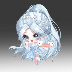  1girl asymmetrical_dress bead_bracelet beads black_background blue_dress blue_eyes blue_hair blue_shoes bracelet chibi crystal_poems_(infinity_nikki) dress eyelashes eyes_visible_through_hair frilled_dress frills gradient_background hair_ornament hand_on_own_cheek hand_on_own_face happy high_ponytail highres infinity_nikki jewelry leg_up light_blush lipstick long_dress long_hair makeup nikki_(series) open_mouth parted_bangs pink_lips ponytail sample_watermark shoes short_sleeves simple_background smile snowflake_hair_ornament snowflake_necklace solo standing strapless strapless_dress tiara tsurime very_long_hair watermark xinjinjumin388925569805 