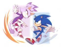  1boy 1girl animal_ears blaze_the_cat blue_fur cat_ears cat_girl cat_tail fire forehead_jewel fur-trimmed_gloves fur_trim furry furry_female furry_male gloves green_eyes high_heels itsalezzia ponytail purple_fur red_shoes shoes signature smile smirk sonic_(series) sonic_rush sonic_the_hedgehog tail white_gloves yellow_eyes 
