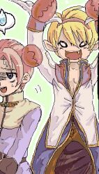  2boys acolyte_(ragnarok_online) arms_up blonde_hair blue_coat brown_pants cassock coat commentary_request cowboy_shot crab_claw fake_wings fang gloom_(expression) green_background head_wings high_priest_(ragnarok_online) long_sleeves lowres male_focus multicolored_coat multiple_boys oekaki open_mouth pants pink_hair pointy_ears purple_coat ragnarok_online red_coat short_hair smile spoken_sweatdrop susukinohukurou sweatdrop two-tone_coat variant_set violet_eyes white_coat wings 
