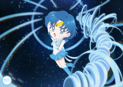  1girl arm_up bishoujo_senshi_sailor_moon bishoujo_senshi_sailor_moon_crystal blue_choker blue_eyes blue_hair blue_sailor_collar blue_skirt chibi choker earrings elbow_gloves gloves jewelry mercury_harp mizuno_ami morimoon sailor_collar sailor_mercury sailor_senshi_uniform skirt solo super_sailor_mercury v-shaped_eyebrows white_gloves 