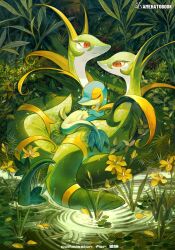  alternate_color amehatobook closed_eyes closed_mouth flower grass highres no_humans outdoors plant pokemon pokemon_(creature) pokemon_focus red_eyes serperior shiny_pokemon sleeping smile snake snivy sparkle star_(symbol) tail water 