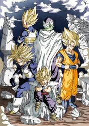  5boys blonde_hair blue_bodysuit blue_shirt bodysuit cape colored_skin dougi dragon_ball dragon_ball_z father_and_son green_eyes green_skin group_picture highres kakeru_(dbskakeru) male_focus medium_hair multiple_boys orange_pants orange_shirt pants piccolo pointy_ears purple_pants purple_shirt shirt sitting son_gohan son_goku spiky_hair standing super_saiyan super_saiyan_1 trunks_(dragon_ball) trunks_(future)_(dragon_ball) vegeta white_cape 