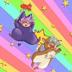  2boys animal_costume commentary_request cosplay desert_wolf_(ragnarok_online) desert_wolf_(ragnarok_online)_(cosplay) deviruchi deviruchi_(cosplay) fang food food_art full_body green_hair high_priest_(ragnarok_online) holding holding_pitchfork kicking male_focus multiple_boys open_mouth pitchfork pointy_ears purple_hair ragnarok_online rainbow_background short_hair smile star_(symbol) susukinohukurou tako-san_wiener wolf_costume 