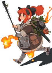  1girl akai_sashimi armor artist_name backpack bag black_bow black_horns blush boots bow brown_dress closed_mouth club_(weapon) commentary_request dress fire full_body grey_boots hair_bow highres holding holding_club holding_weapon horns long_hair long_sleeves original ponytail pouch red_eyes red_hair simple_background smile solo spiked_club walking weapon white_background 