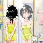  bare_shoulders bathroom black_eyes black_hair cif flat_chest idolmaster impossible_towel kikuchi_makoto mirror naked_towel short_hair towel 