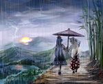  bamboo_forest blue_hair cloud clouds dress forest fujiwara_no_mokou hand_behind_head hat kamishirasawa_keine landscape light lightning long_hair nature ofuda oriental_umbrella pants rain rsk scenery shared_umbrella sun sunset touhou umbrella walking water white_hair 