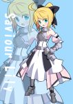  aqua_eyes armor armored_dress bare_shoulders blonde_hair detached_sleeves dress fate/stay_night fate/unlimited_codes fate_(series) gauntlets hair_ribbon hair_ribbons ponytail ribbon ribbons saber saber_lily solo takayonexx zoom_layer 