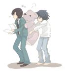  bags_under_eyes barefoot black_hair blue_jeans death_note formal jeans l matsuda_touta necktie papers star stuffed_animal stuffed_toy suit surprise surprised teddy_bear white_shirt 