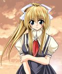  air blonde_hair blue_eyes blush cross highres kamio_misuzu necktie ponytail school_uniform tomoya_kankurou 