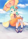  green_eyes green_hair highres iwaku kanaria pantyhose rooftop rozen_maiden short_hair sitting umbrella 