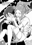  1girl anemone blush carry carrying couple dominic_sorel dress eureka_7 eureka_seven eureka_seven_(series) hair_ornament hairclip jpeg_artifacts military military_uniform monochrome panties ponytail princess_carry sweat underwear uniform 